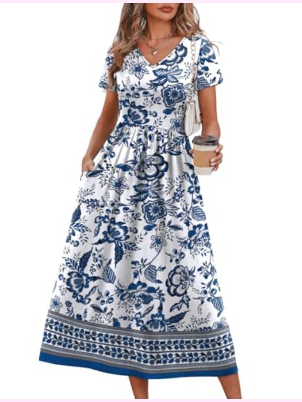 Flowy A-Line Midi Dress V-Neck Short Sleeve Summer Casual with Pockets